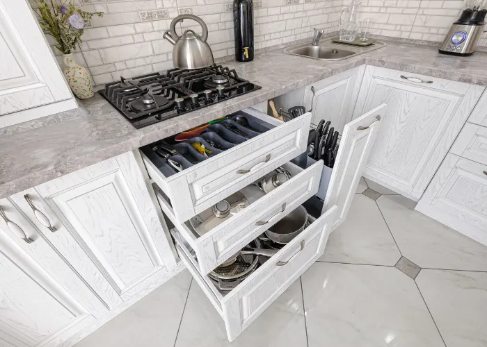 Remodeled kitchen with new cabinets that have unique storage solutions